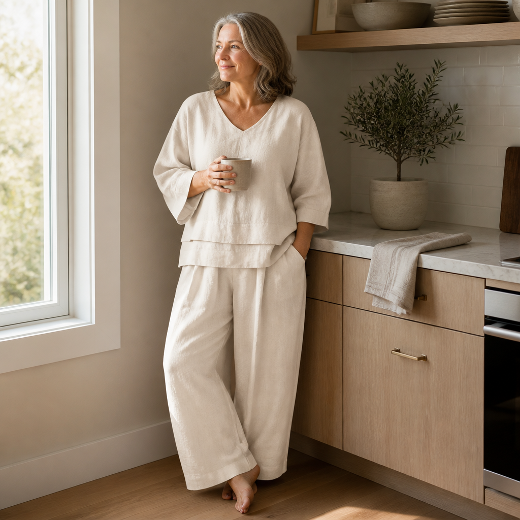 LioraLuxe™ – Casual Layered V-Neck Shirt & Wide-Leg Trouser Set