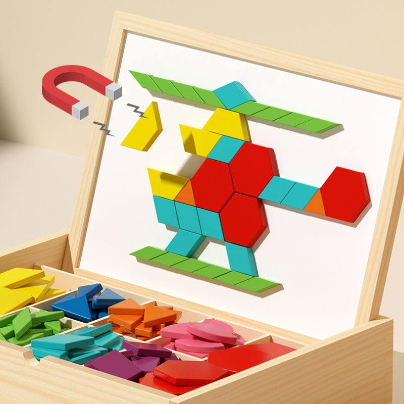 Wooden Building Blocks Set with Magnetic Pieces and Pattern Cards