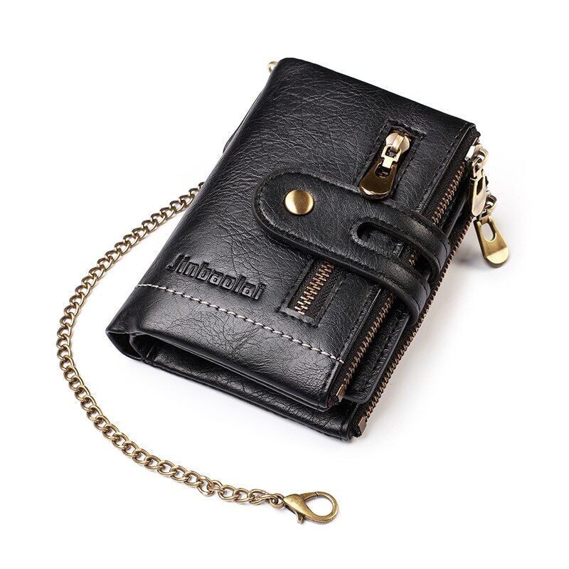 Faux Leather Vintage Wallet with Chain – 13 Pockets, Antique Brass