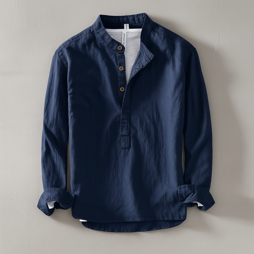 Men's Casual Long Sleeve Henley Top with Band Collar – Everyday Layering Shirt