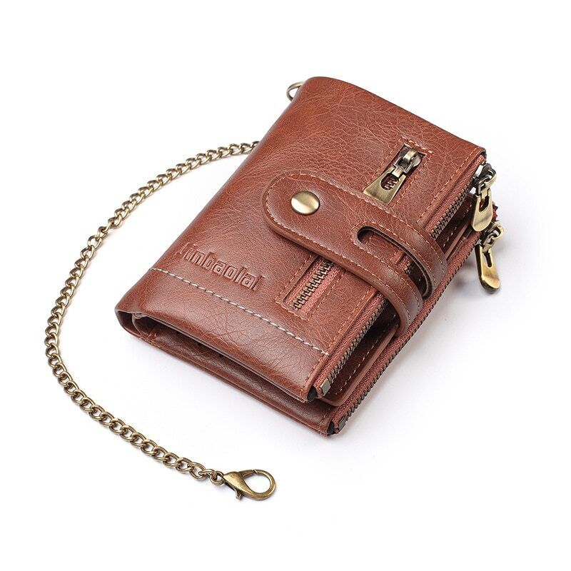 Faux Leather Vintage Wallet with Chain – 13 Pockets, Antique Brass