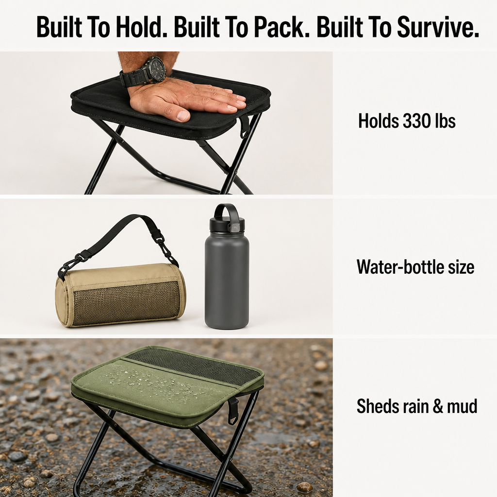 TrailEase™ — Snap Open a 330-lb Stool That Collapses to Water-Bottle Size