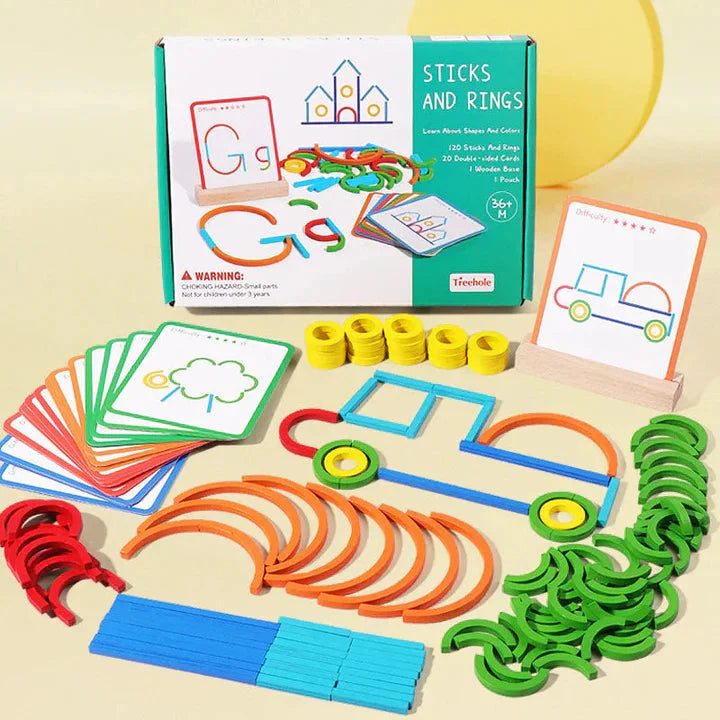 Construction Set with Wooden Sticks, Rings, and Activity Cards