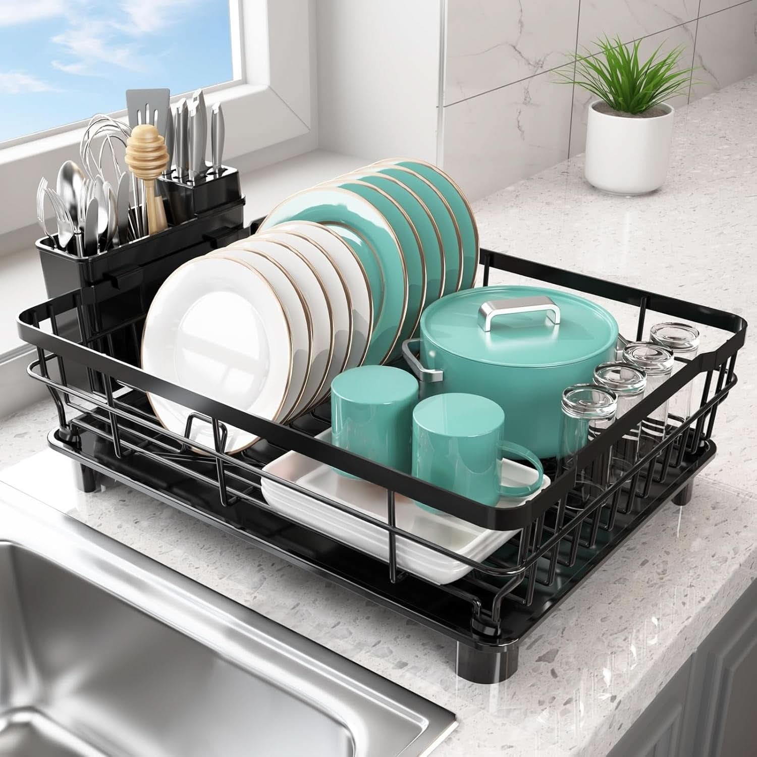 Stylish Dish Drying Rack with Utensil Holder in Black