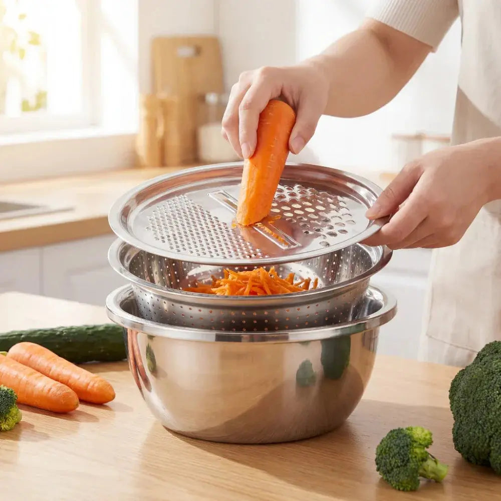 3-in-1 Batter Bowl Set | Integrated Grid and Drainage System | Space-Saving Nesting Design | MultiPrep