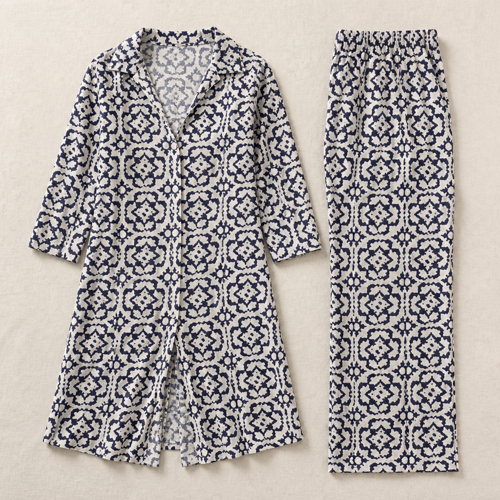 VireoLuxe™ – Sharp Geometric Tunic with Straight-Leg Trouser Set