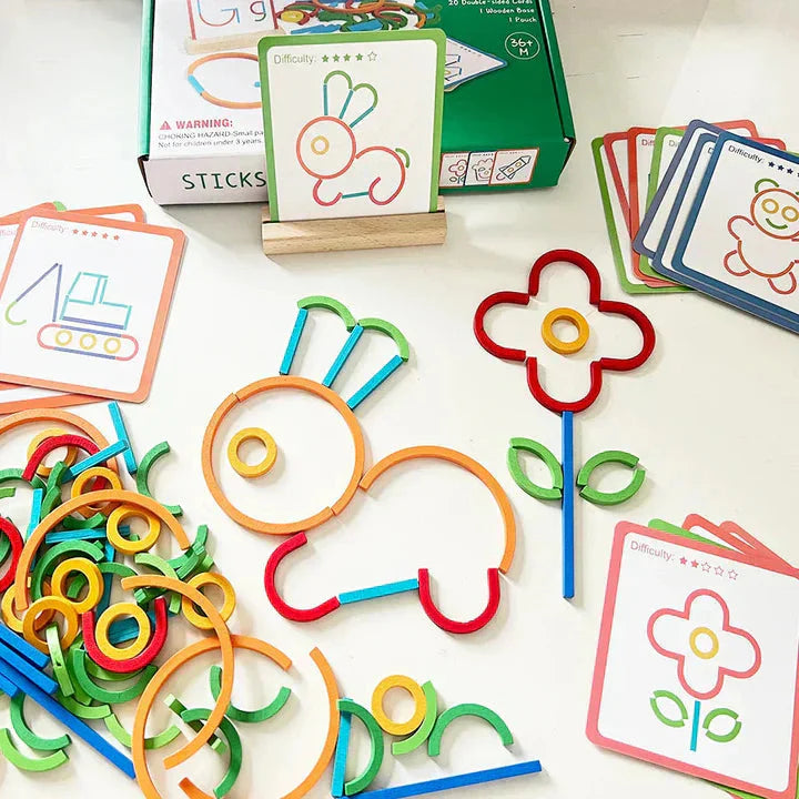 Construction Set with Wooden Sticks, Rings, and Activity Cards