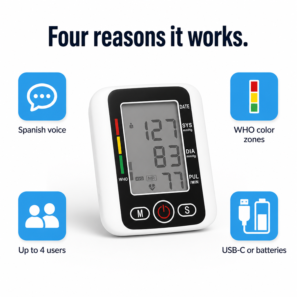 CardioVantage™ — Monitor Your Blood Pressure at Home Using One-Button Spanish Voice Assistance