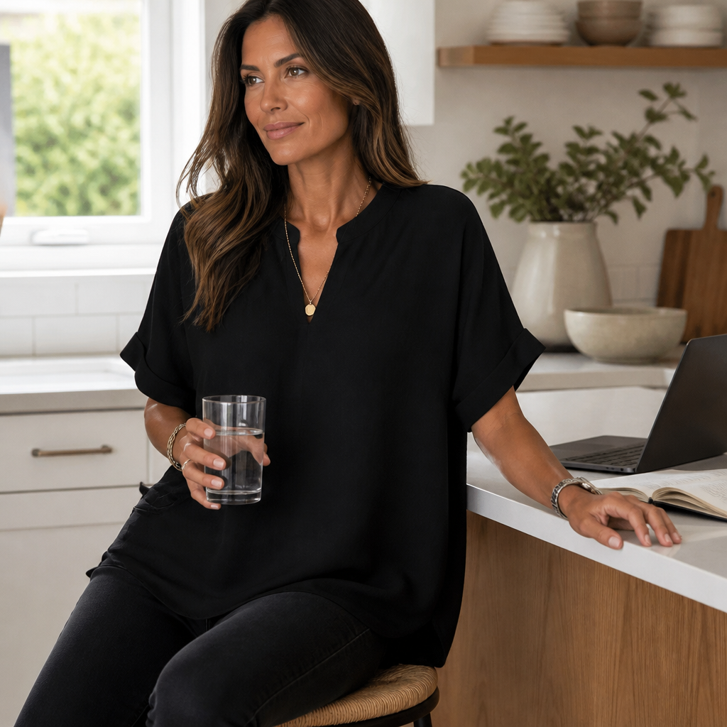 Silkora™ – Casual V-Neck Top with Rounded Hem