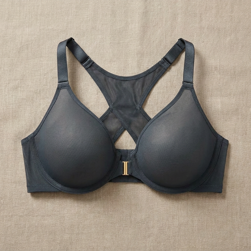LunaEase™ – Front Closure Sheer Mesh Bra with X-Back Support