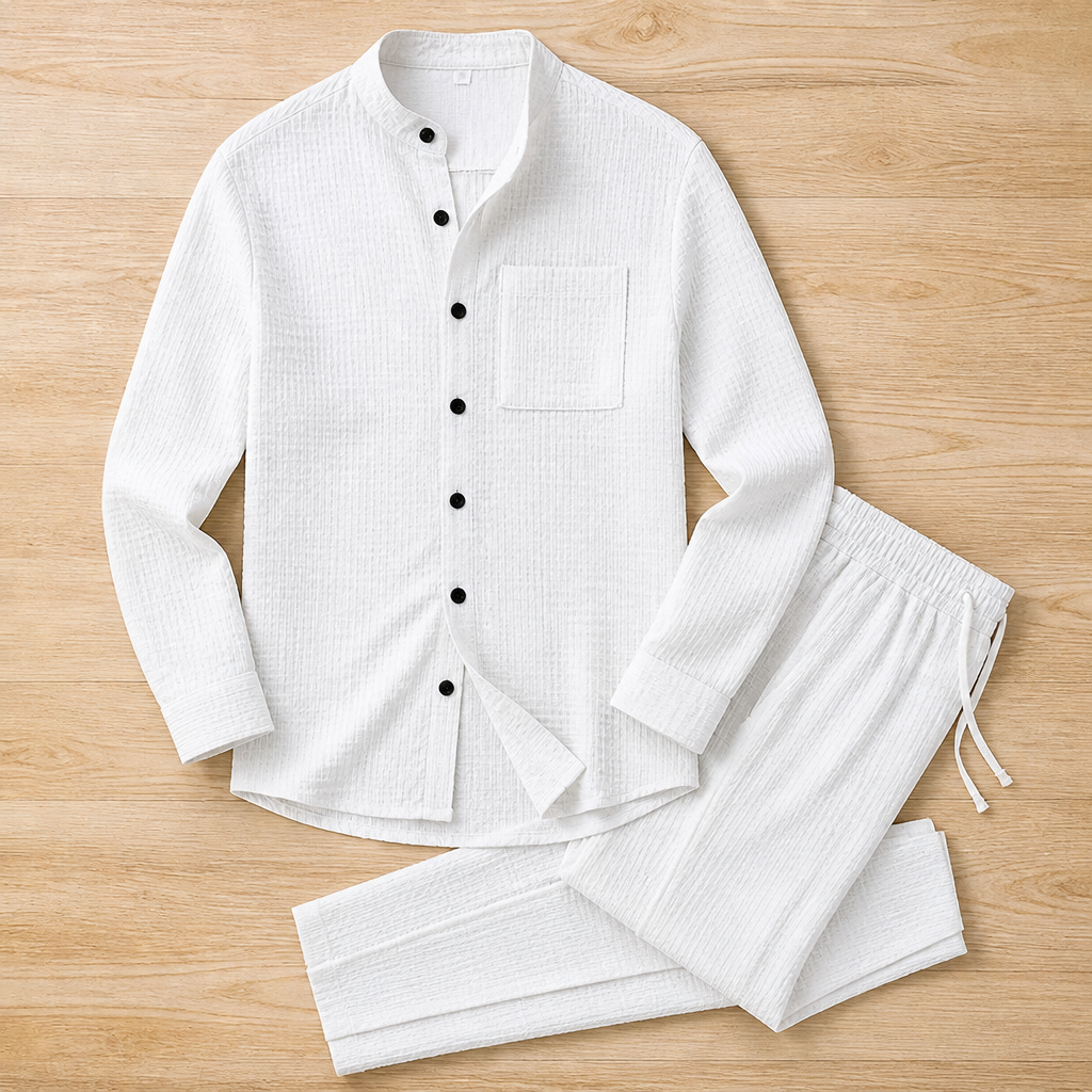 Stridonity™ – Relaxed Waffle-Texture Band-Collar Shirt & Pants Set