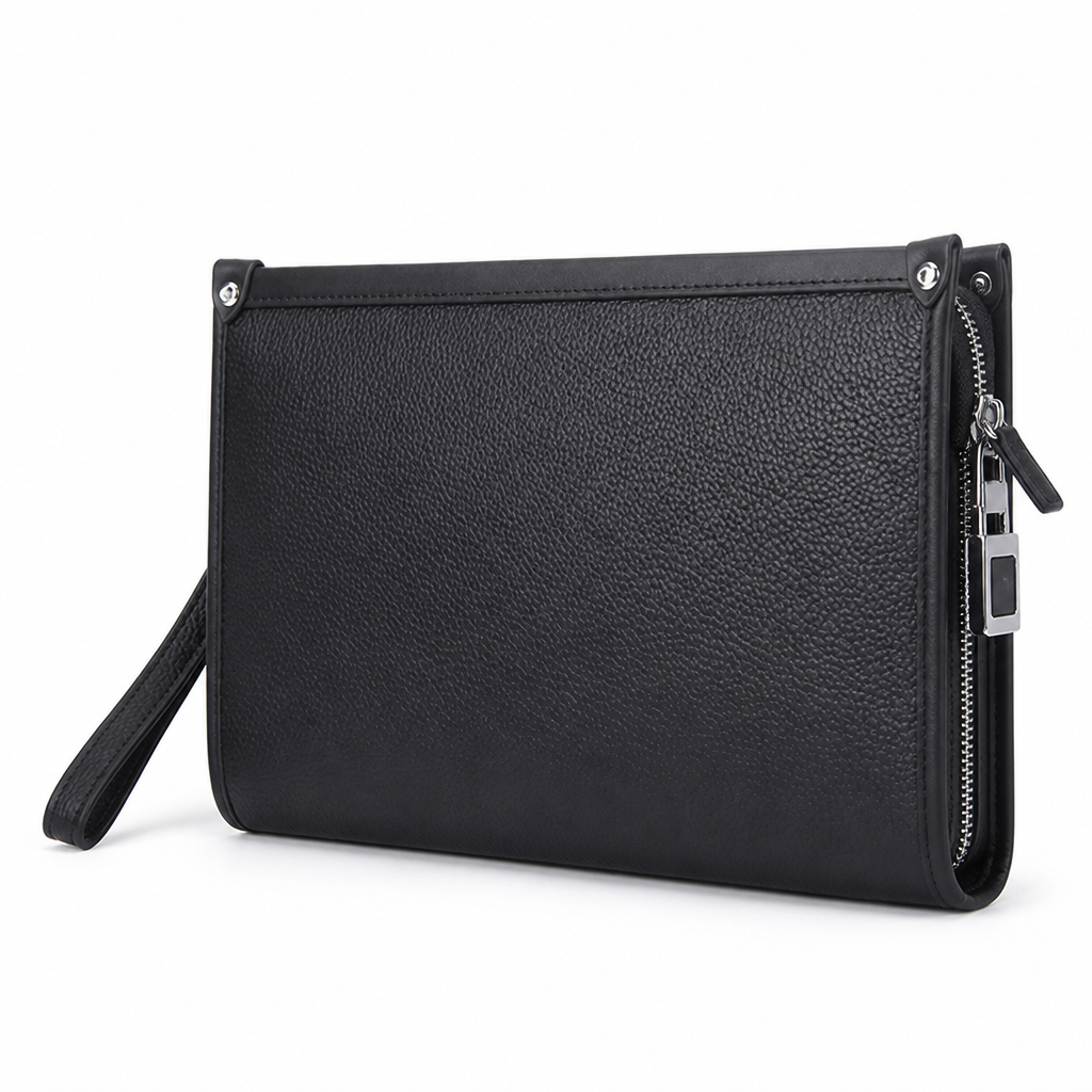 Genuine Top Cowhide Leather Fingerprint Lock Business Clutch (Zipper Closure)