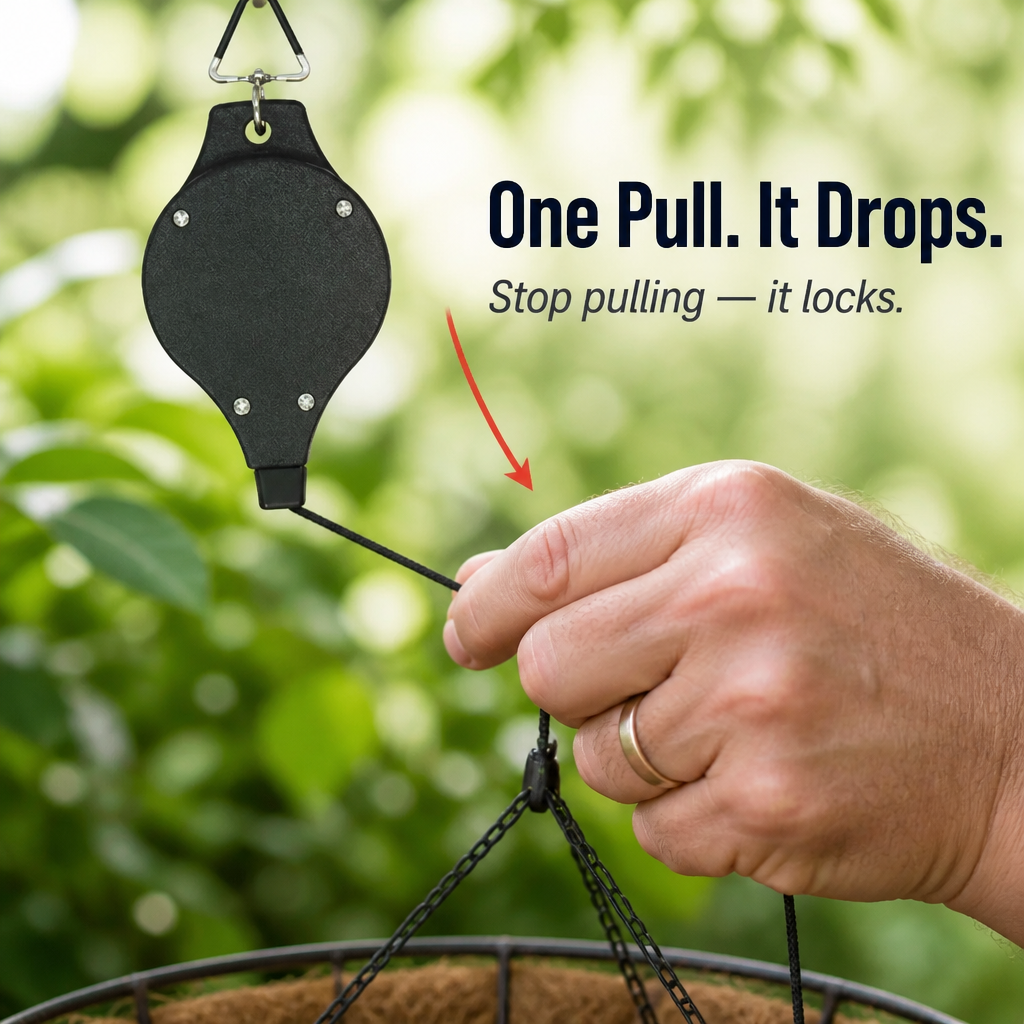 FlexiGroove™ — Lower Hanging Baskets to Chest Level for Ladder-Free Watering