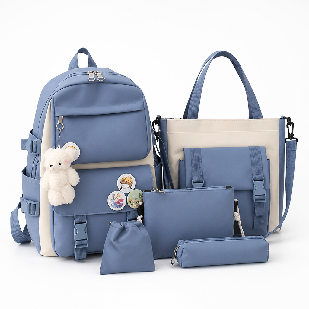 Plush Bear & Badge Kids Backpack Set (5-Piece)