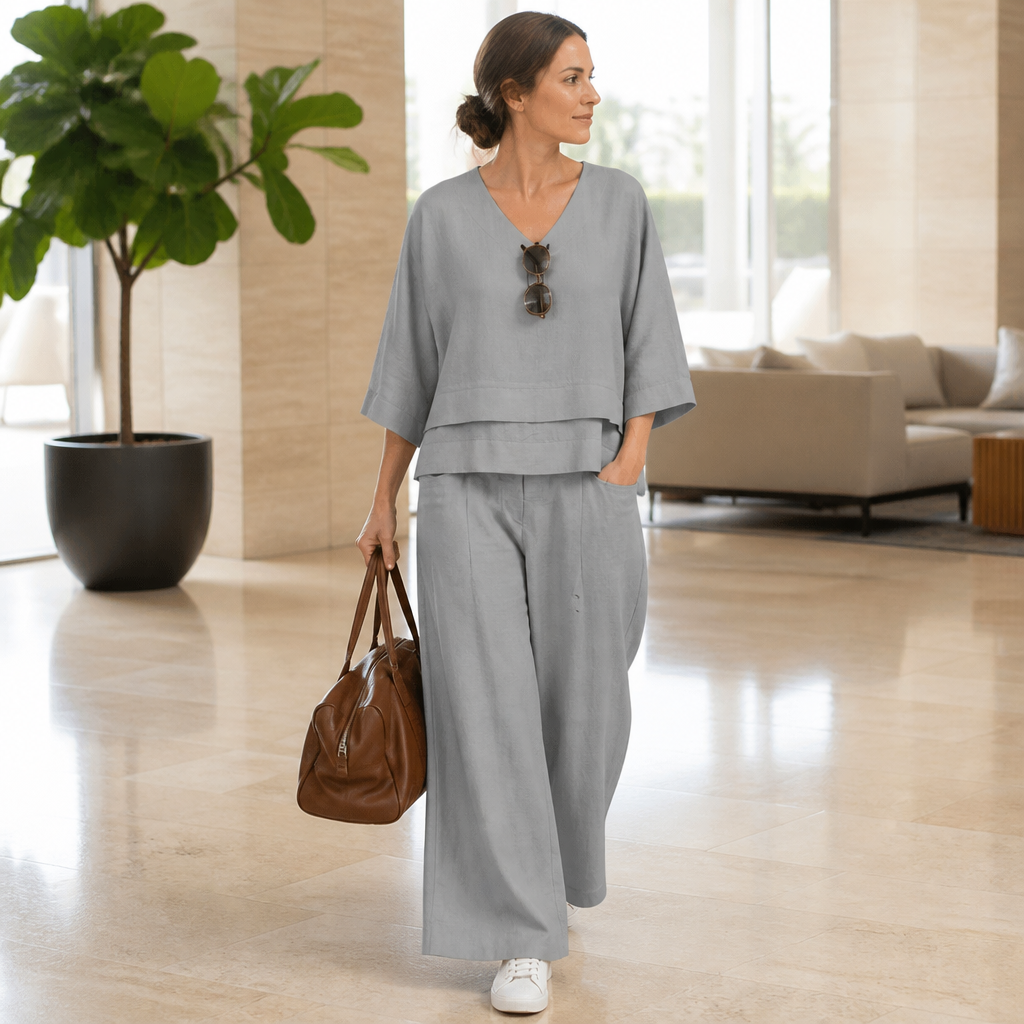 LioraLuxe™ – Casual Layered V-Neck Shirt & Wide-Leg Trouser Set