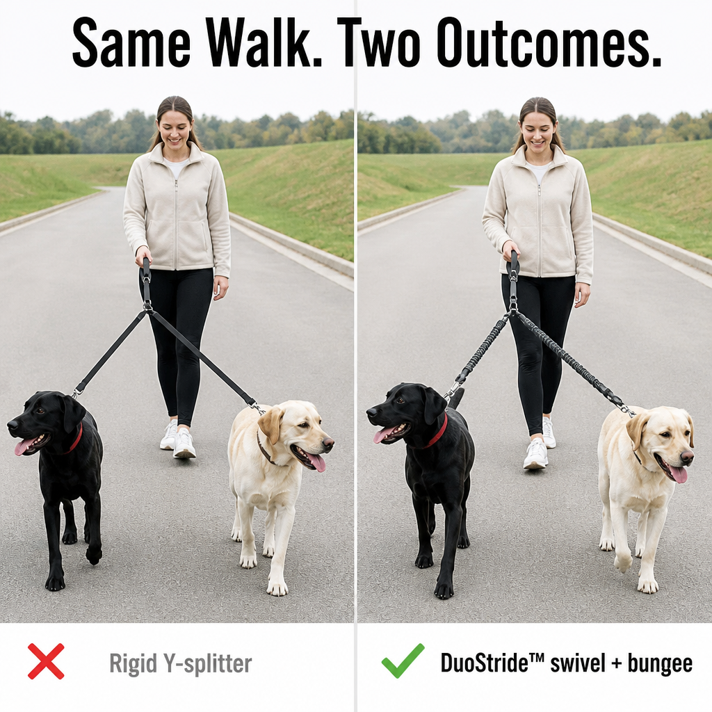 DuoStride™ — Walk Two Dogs Tangle-Free, Without Jerks or Wrist Stress