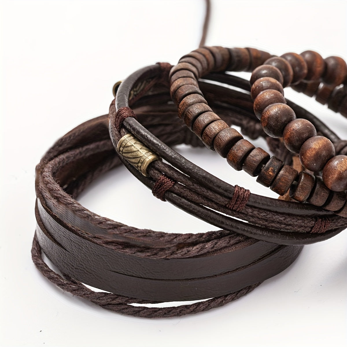 Multilayer Adjustable Bracelet Set with Wooden Beads and Leather