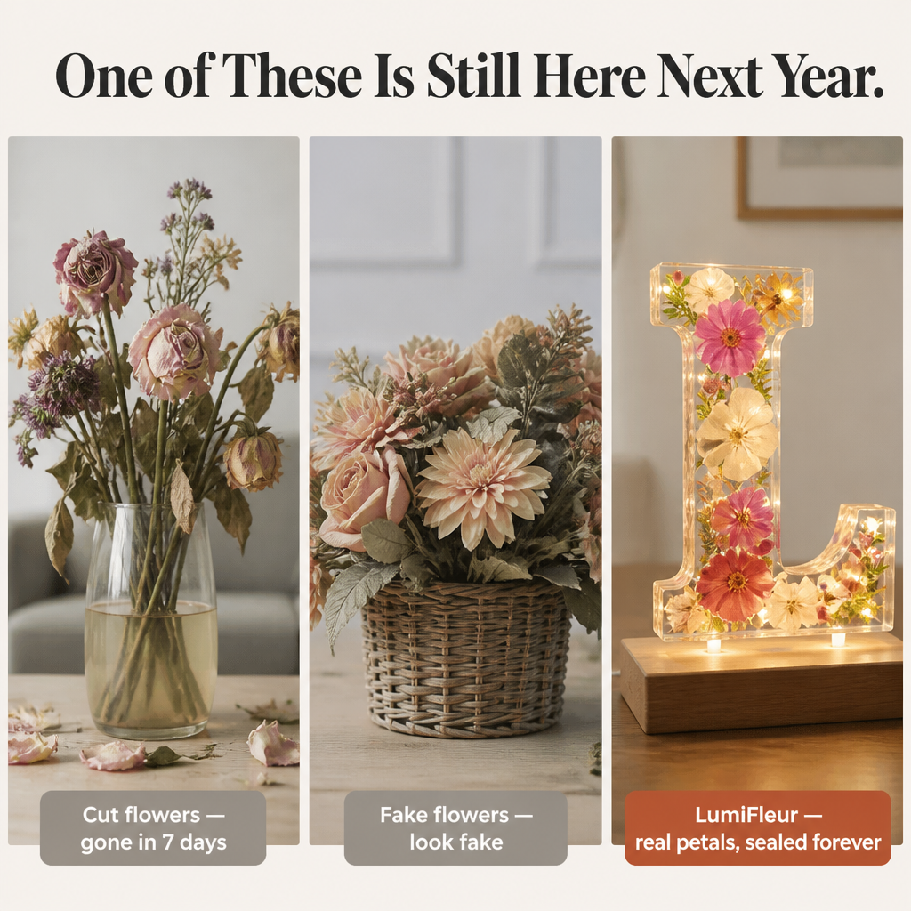 LumiFleur™ — Encapsulate Genuine Dried Blooms Within a Radiant Letter Crafted Just for Them