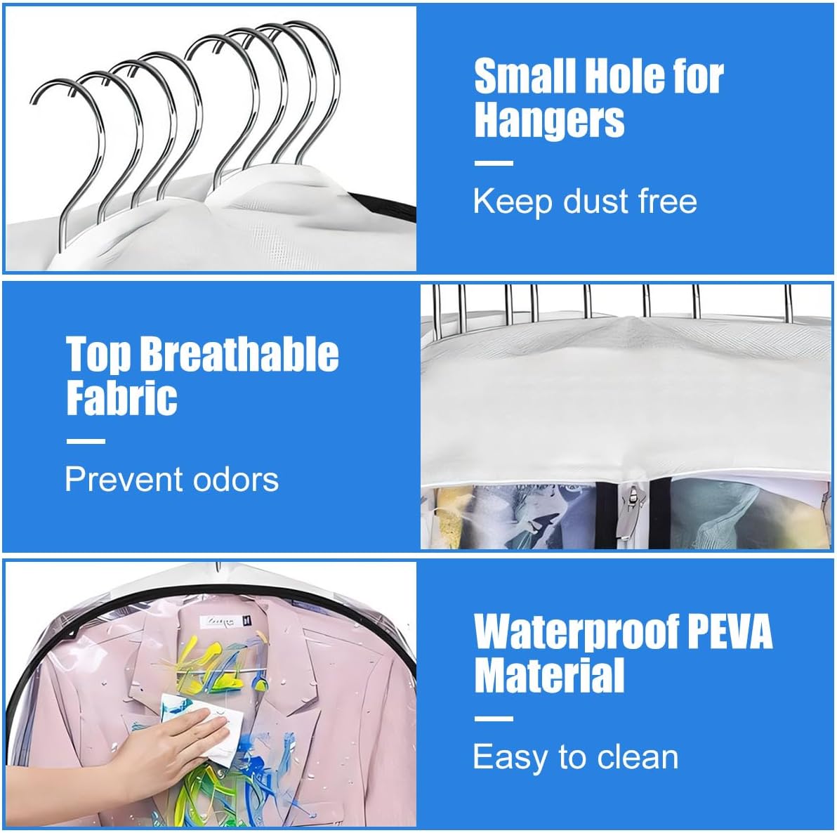 Set of 3 Zippered Garment Bags for Waterproof Storage - PEVA