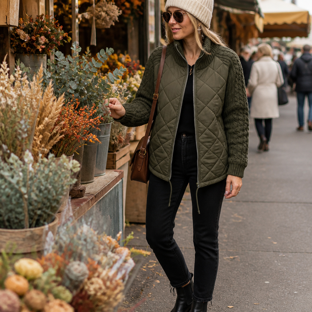 Norvelle™ – Warm Quilted Winter Coat Featuring Cable-Knit Sleeves
