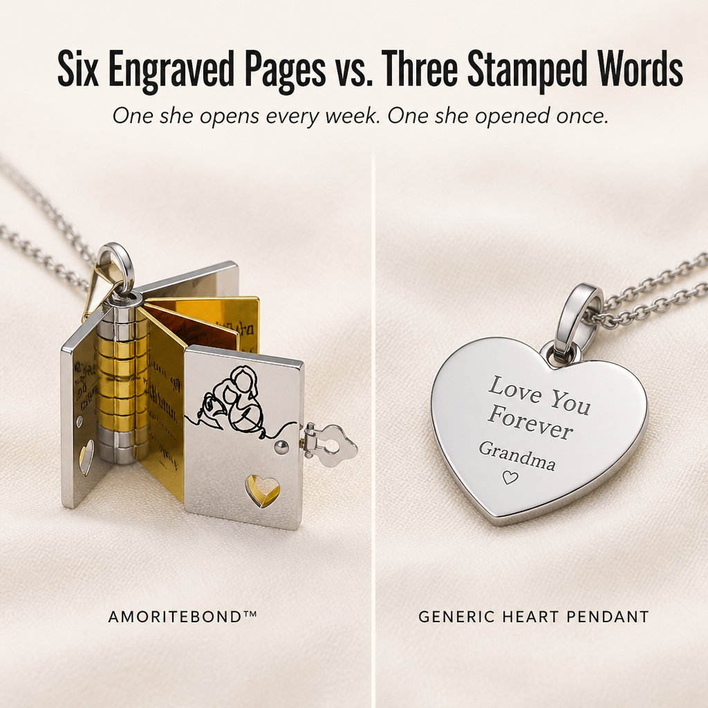 AmoriteBond™ — Uncover a Six-Page Book Pendant Etched for Your Grandchild