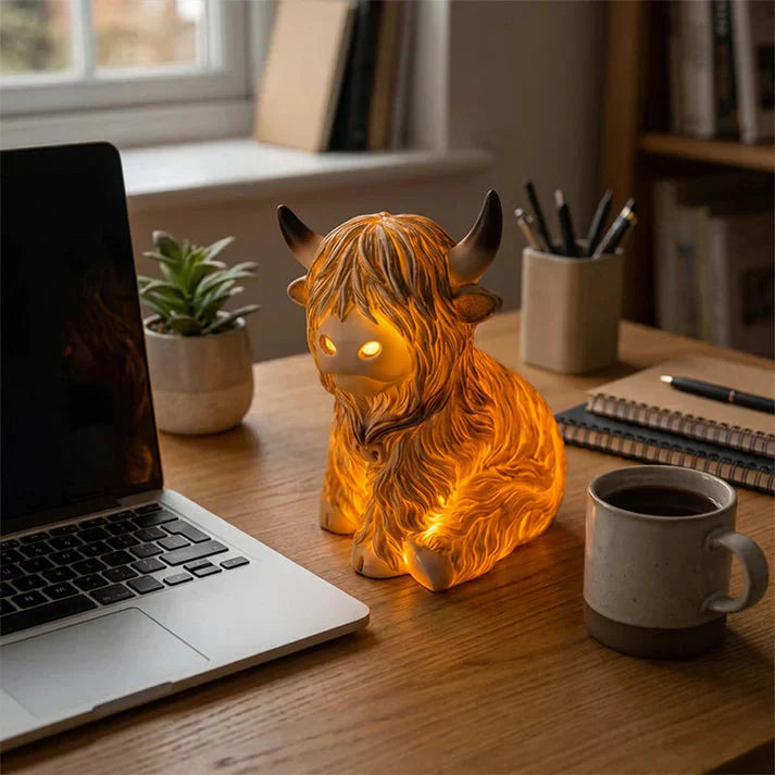 Amber Glow Resin Night Lamp – Highland Cow Design, 10 cm