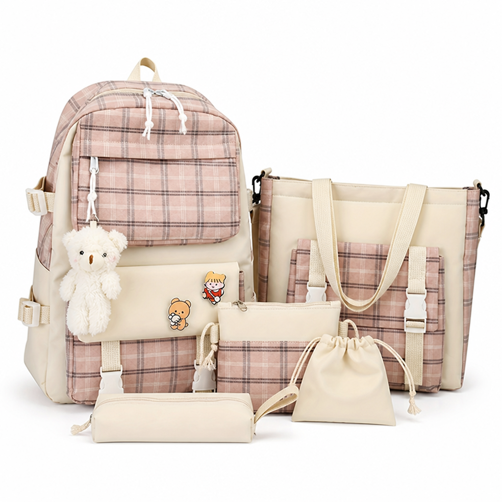 Large Capacity Minimalist Plaid Backpack Set (Set of 5)