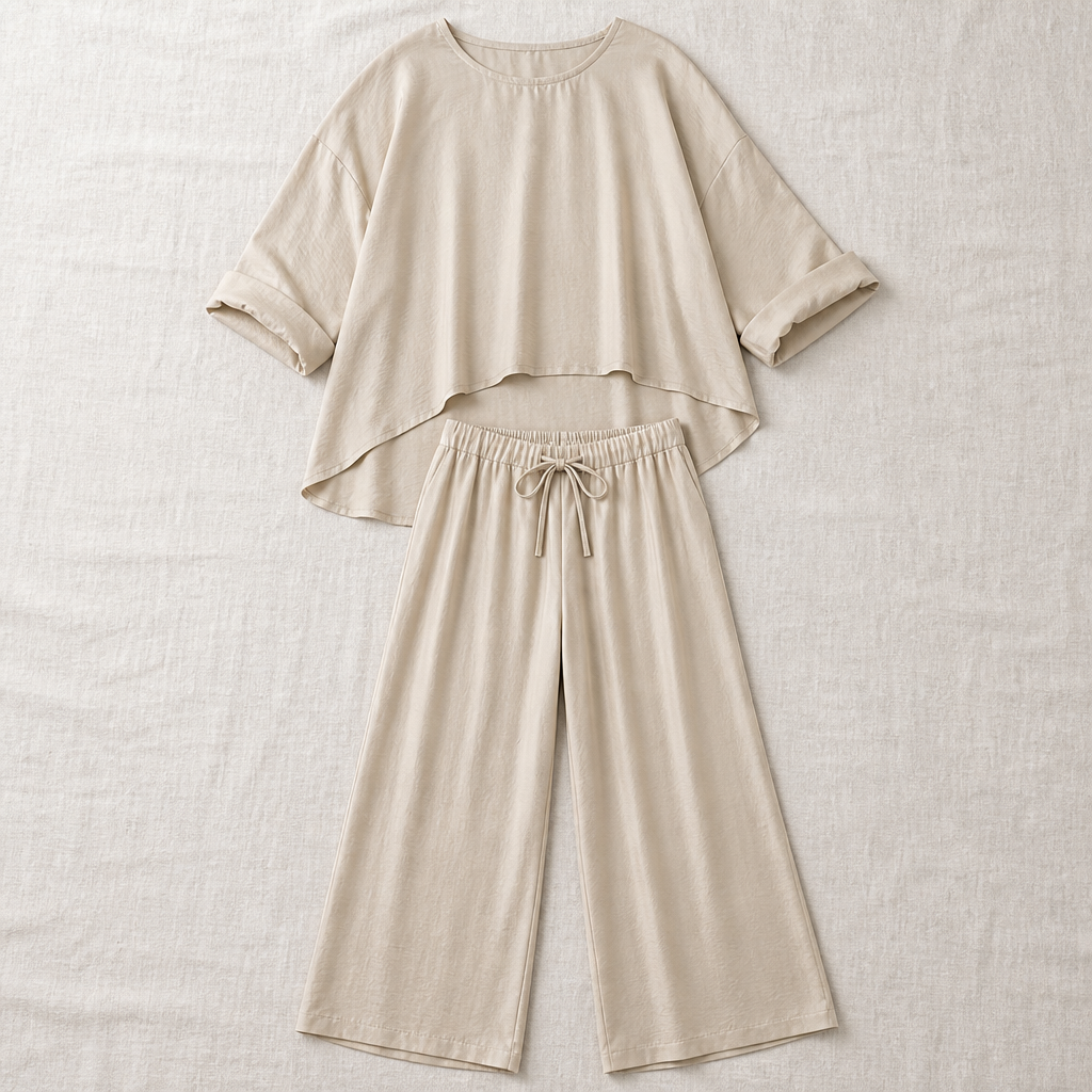 TrueStyle™ – Laid-Back Two-Piece Set Featuring Asymmetric Hem & Wide-Leg Trousers