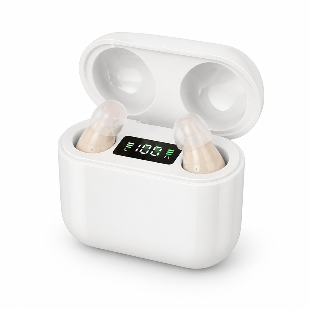 Invisible Rechargeable In-Ear Hearing Aid (With Charging Case)
