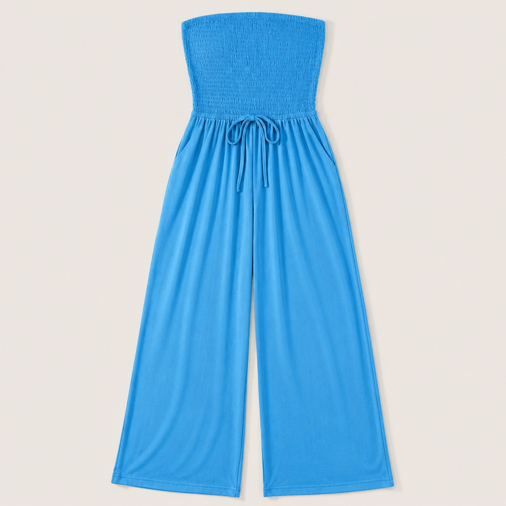 Veloria™ – Strapless Smocked Wide-Leg Jumpsuit with Pockets