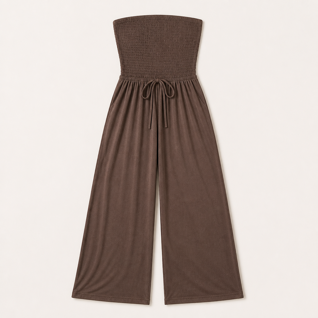 Veloria™ – Strapless Smocked Wide-Leg Jumpsuit with Pockets