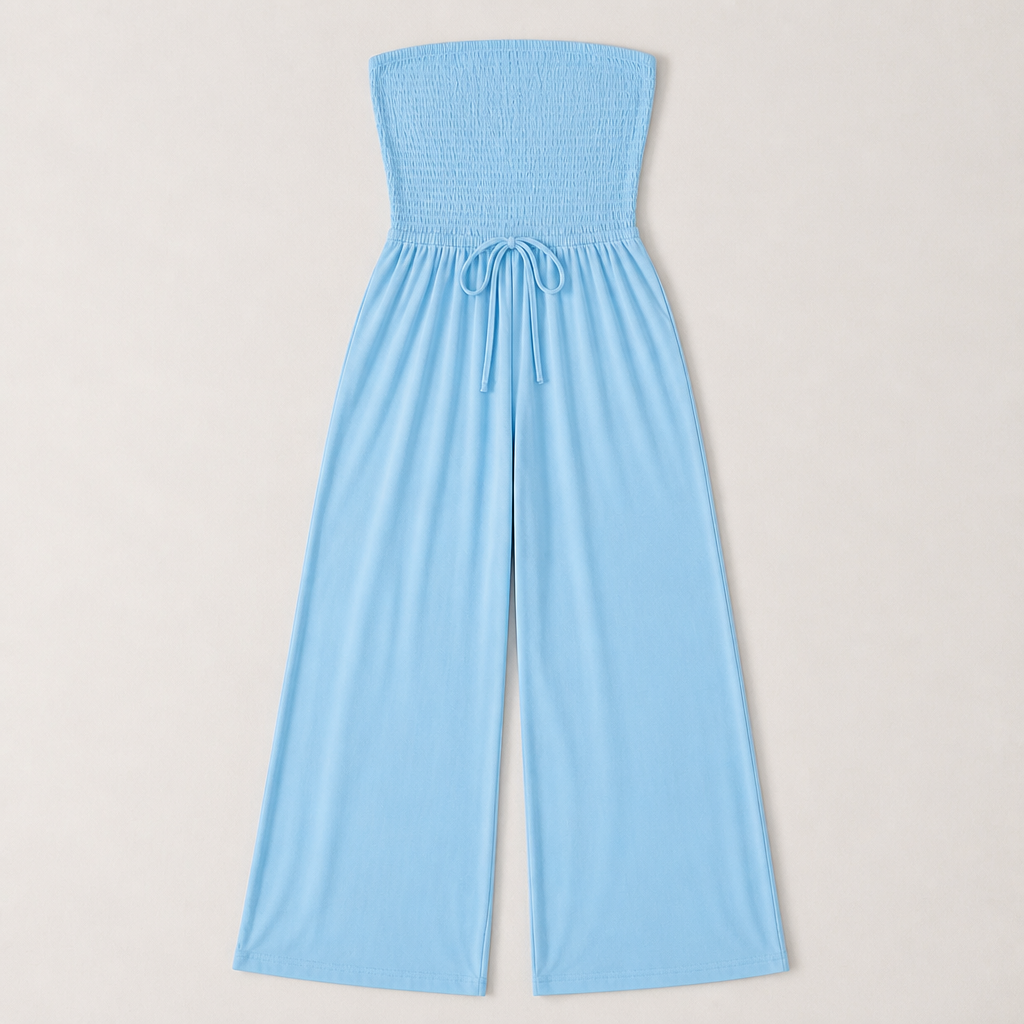 Veloria™ – Strapless Smocked Wide-Leg Jumpsuit with Pockets