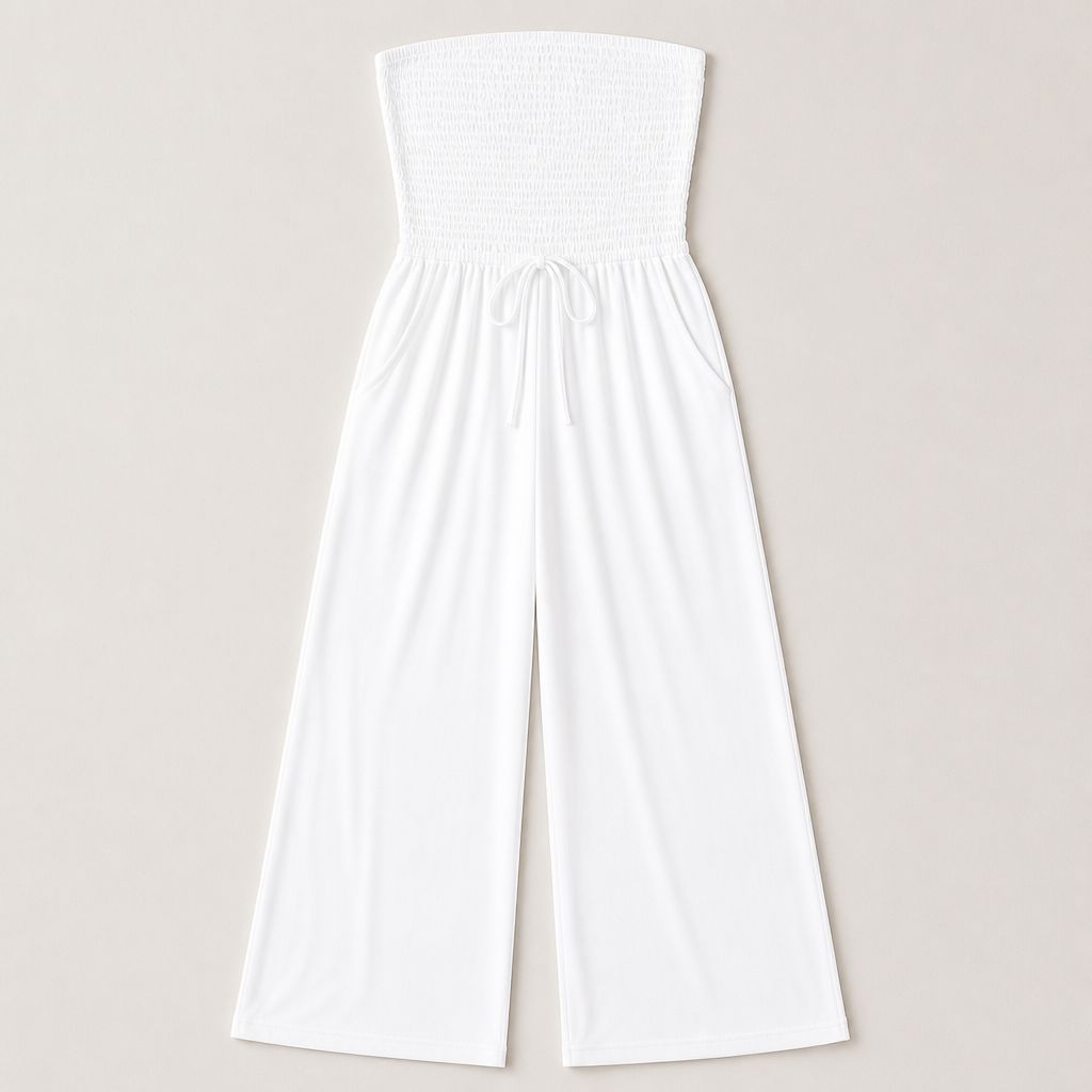 Veloria™ – Strapless Smocked Wide-Leg Jumpsuit with Pockets