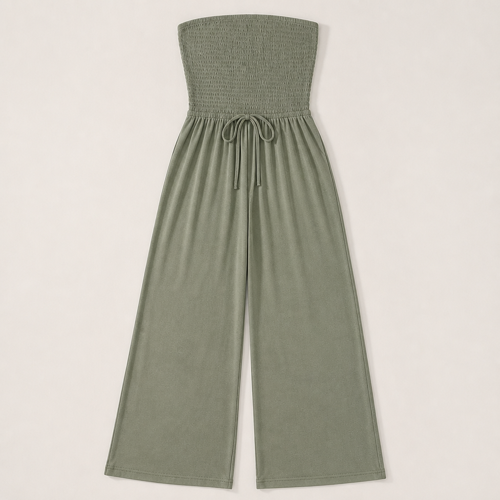 Veloria™ – Strapless Smocked Wide-Leg Jumpsuit with Pockets