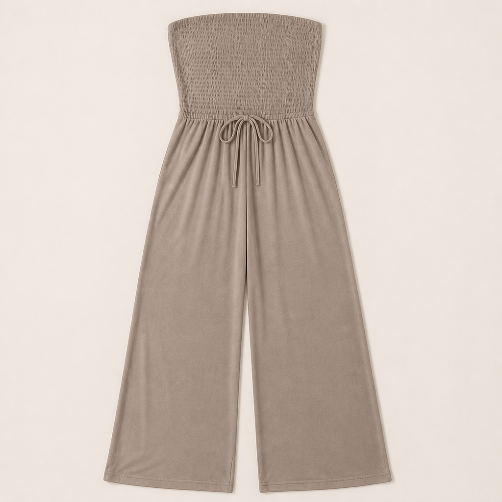 Veloria™ – Strapless Smocked Wide-Leg Jumpsuit with Pockets