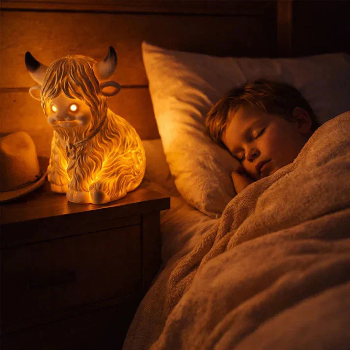 Amber Glow Resin Night Lamp – Highland Cow Design, 10 cm