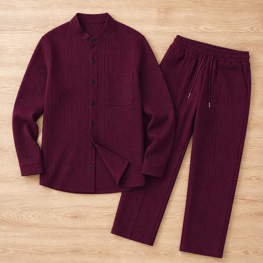 Stridonity™ – Relaxed Waffle-Texture Band-Collar Shirt & Pants Set