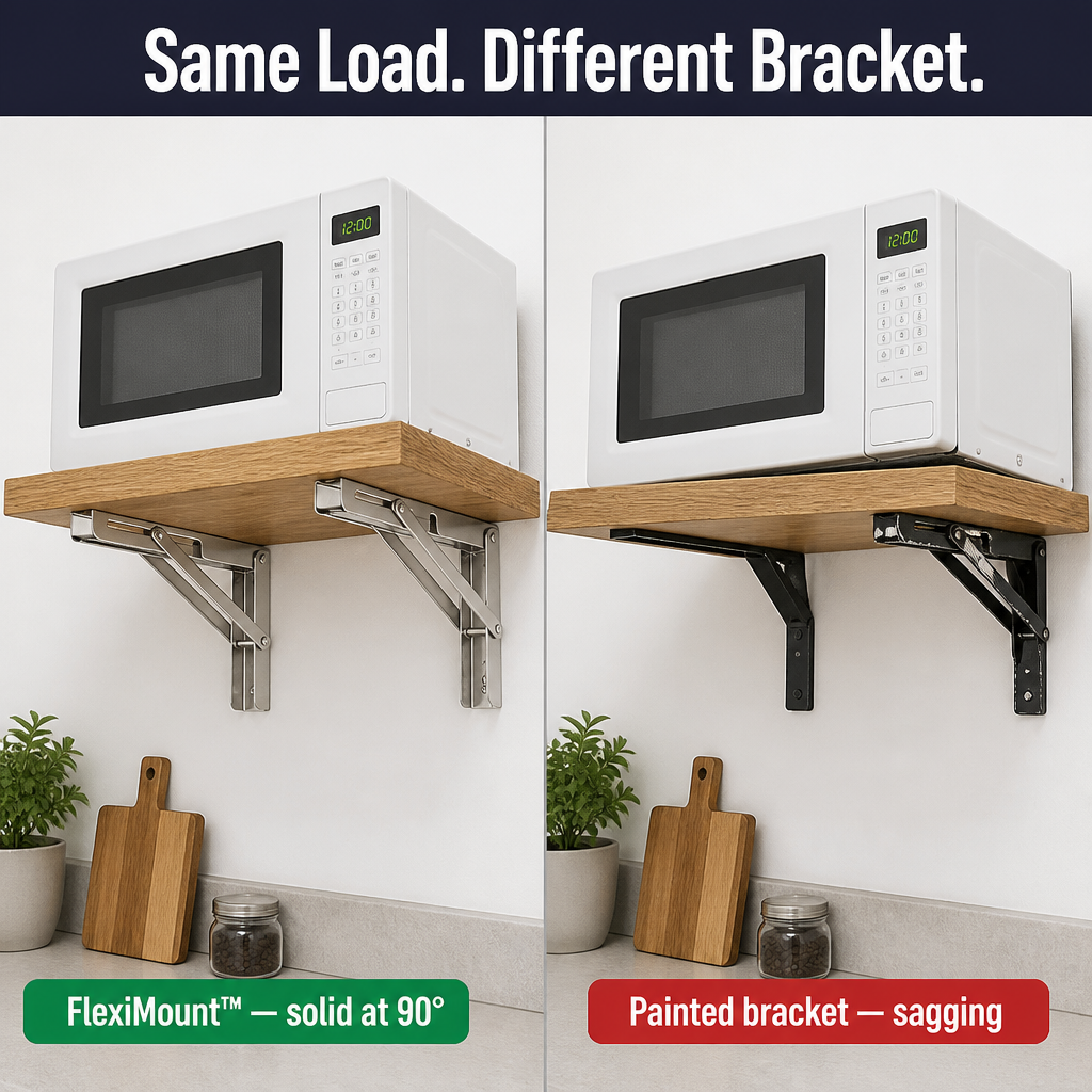 FlexiMount™ — Install Drop-Down Shelves Supporting 550 lbs That Fold Flat in Seconds