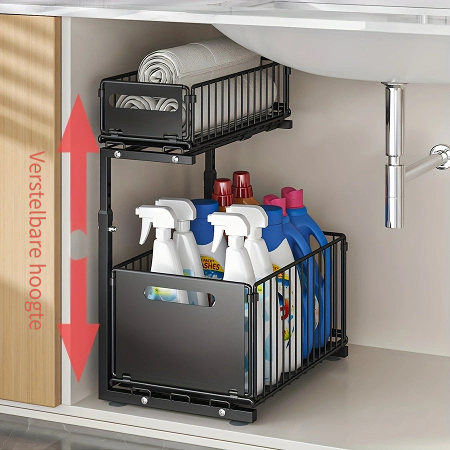Two-Tier Cabinet Organizer with Extendable Carbon Steel Design