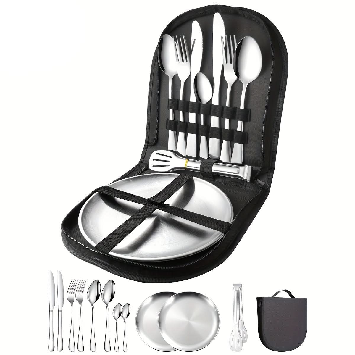 Travel Set with Portable Plates and Food Tongs