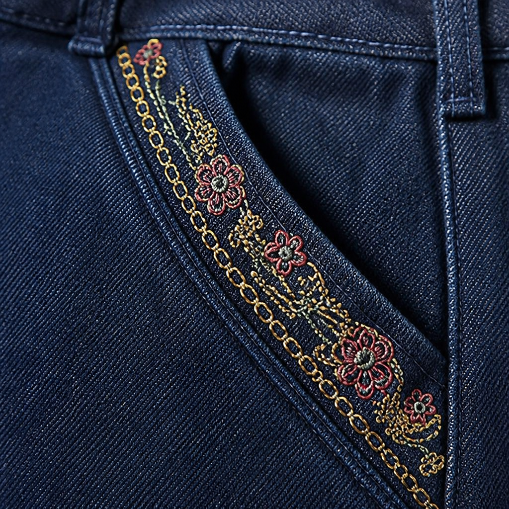 SculptEase™ – Stretch Pull-On Straight Leg Jeans Featuring Embroidered Pockets