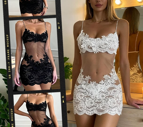 EmberaLuxe™ – Delicate Floral Lace Nightdress Paired with Matching Thong