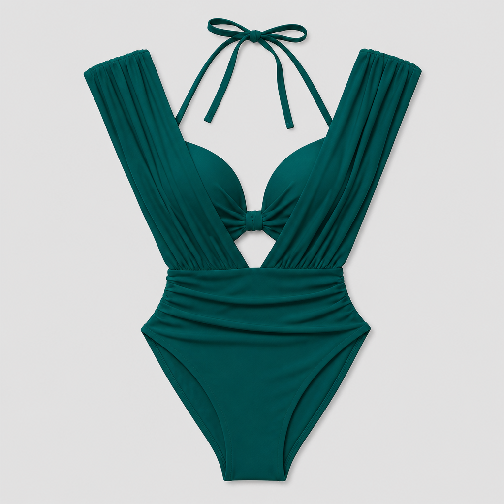 AquaSculpt™ – One-Piece Plunge Swimsuit with Ruched Waist Sculpting