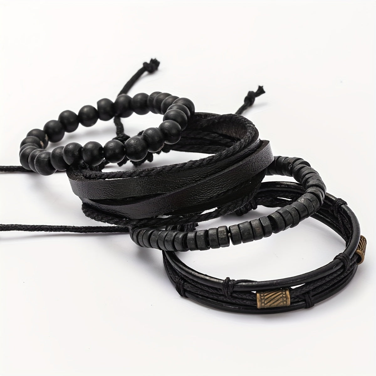 Multilayer Adjustable Bracelet Set with Wooden Beads and Leather