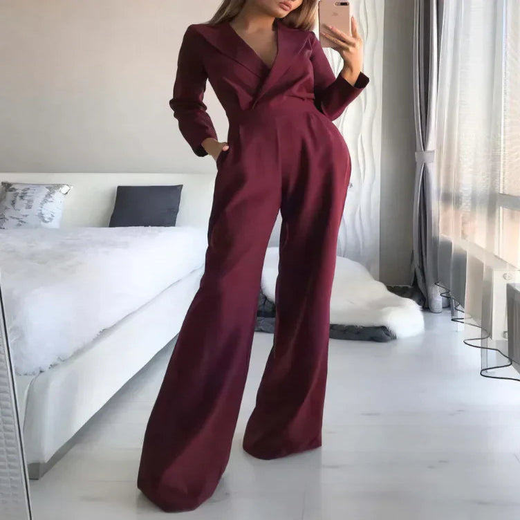 V Neck Long Sleeve Jumpsuit with Back Zipper and Slim Fit