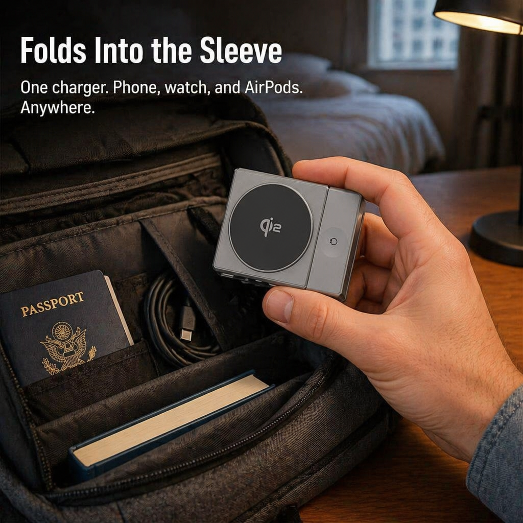 ChargeFlow™ — Attach Your iPhone, Watch & headset to One Foldable Qi2 Stand