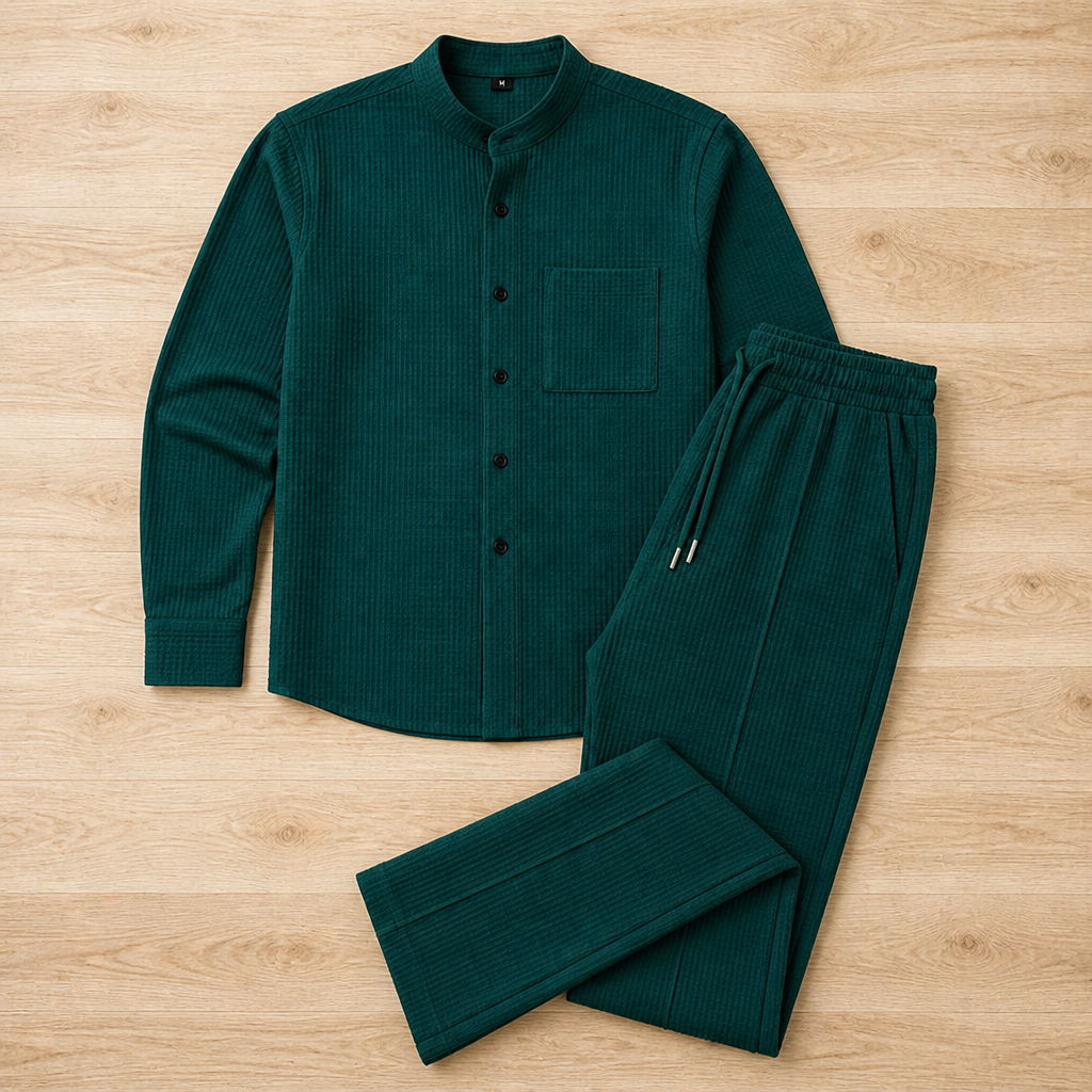 Stridonity™ – Relaxed Waffle-Texture Band-Collar Shirt & Pants Set