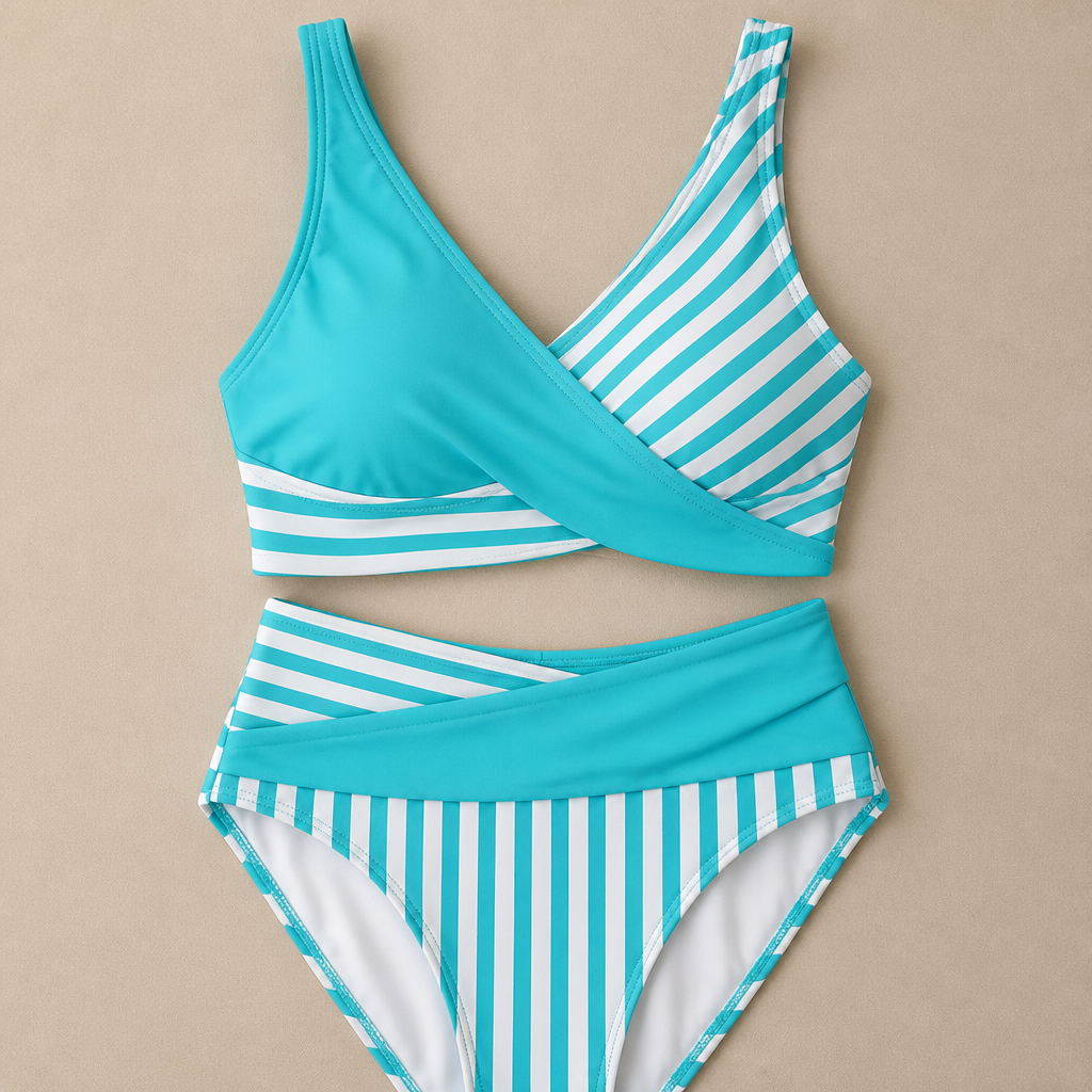Coastelle™ – High-Waist Crossover Bikini Set with Striped Wrap Top