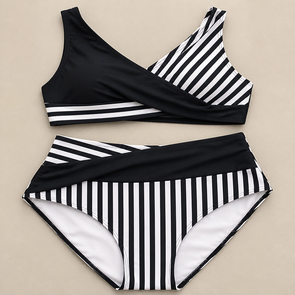 Coastelle™ – High-Waist Crossover Bikini Set with Striped Wrap Top