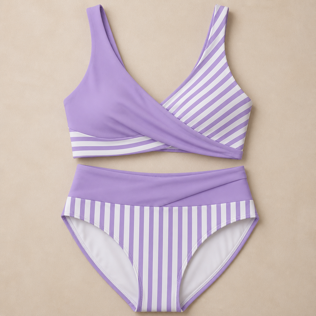 Coastelle™ – High-Waist Crossover Bikini Set with Striped Wrap Top